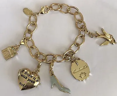 Buy Disney Couture Cinderella Charm Gold Tone Bracelet W/ 5 Couture Charms • 66.59£