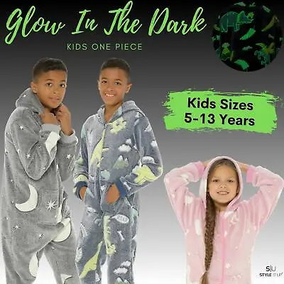 Buy Kids Boys Girls Glow In The Dark All In One Piece Soft Warm Fleece Pyjamas PJ • 16.99£