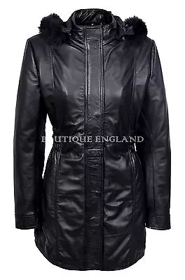 Buy Ladies Real Leather Jacket Black Napa Classic Mid Length Fur Hooded Coat Celia • 139.70£