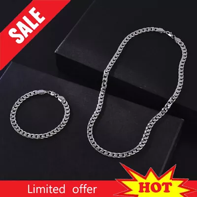 Buy 925 Sterling Solid Silver 7MM Men Cuban Curb Chain Necklace +Silver Bracelet Set • 5.99£