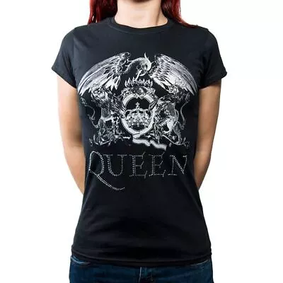 Buy Women's Queen Crest Logo Diamante Black T-Shirt • 10£