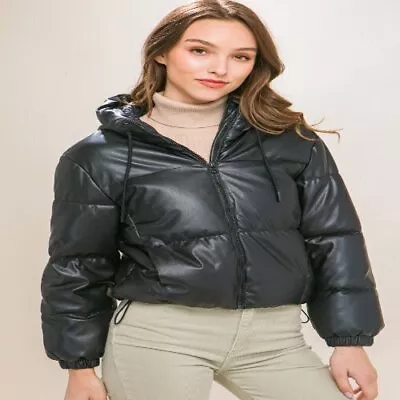 Buy Pu Faux Leather Zipper Hooded Puffer Jacket • 60£