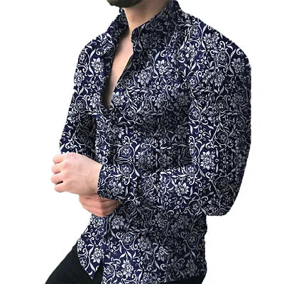 Buy Men's Casual Floral Dress Shirt Long Sleeve Hawaiian Button Down Slim Fit Shirts • 17.99£