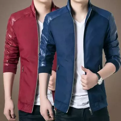 Buy New Men Collar Casual Jackets Large Size Fashion Splicing Leather Coat Thin Tops • 31.19£