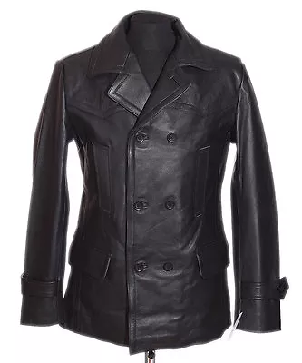 Buy DR Black Men's Kriegsmarine Germany Military WW2 Cowhide Leather Jacket Pea Coat • 119.99£