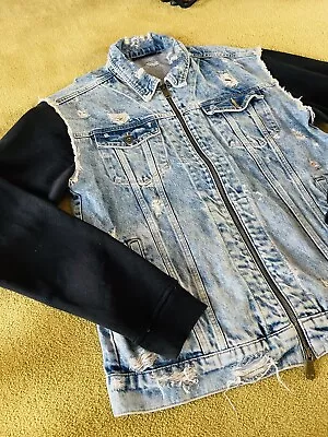 Buy The Couture Club Size L Distressed Denim Del Ray Hybrid Jacket Hoodie Sleeves • 25£
