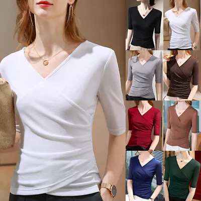 Buy Women's Mesh Solid Half Sleeve Wrap Style T-Shirt Basic Top Size S-3XL • 12.32£