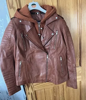 Buy New Hooded Womens Tan Leather Jacket With Removable Hood Size XL (006) • 50£