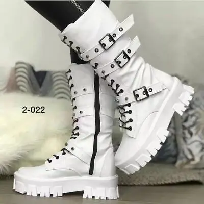 Buy Biker Boots Shoes Rider Lace Up Zip Womens Mid Calf Punk Goth Chunky Heel Sizes • 8.39£