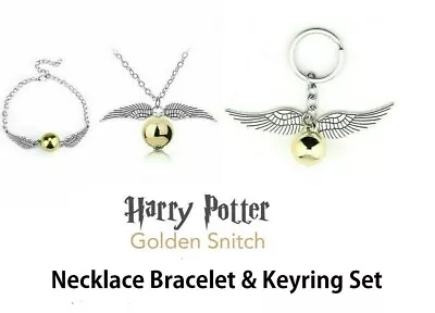 Buy Harry Potter Golden Snitch Quidditch Silver Necklace & Bracelet & Keyring Set • 6.99£