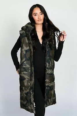 Buy Ladies Camouflage Hooded Long Line Gilet Padded Side Pocket Body Warmer Jacket  • 33.99£