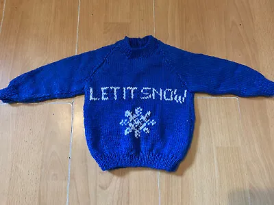 Buy Lovely NEW Blue Hand Knitted Baby Jumper Christmas ‘Let It Snow’ Size 18  0-6m • 7£