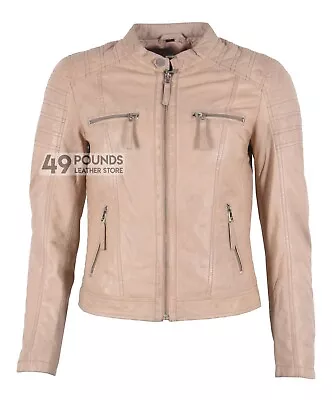 Buy Ladies Leather Jacket Baby Pink Classic Biker Style 100% Real Lambskin Jacket • 49£