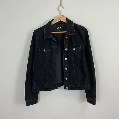 Buy Womens Zara Denim Jacket Coat EUR XL Black Long Sleeves Button Collar Silver • 25.99£