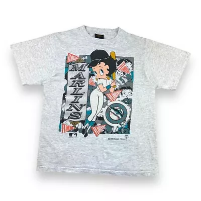 Buy Vintage 1992 Betty Boop Florida Marlins MLB Single Stitch T Shirt Grey Medium • 34.99£