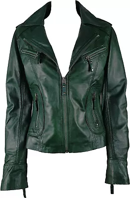 Buy UNICORN Womens Fashion Biker Jacket - Real Leather - Green #JU • 74.99£