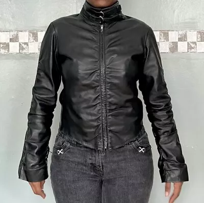 Buy Vintage Black Leather Ruched Buckle Moto Jacket  • 60£