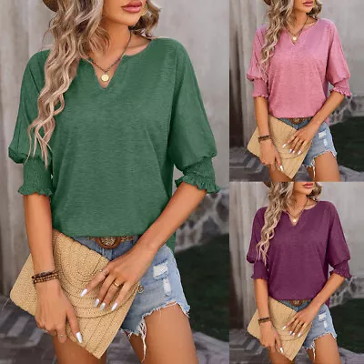 Buy Women's Summer Loose T-Shirt V Neck Half Puff Sleeve Casual Top Tees Solid Color • 3.95£