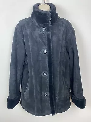 Buy GALLERY Ladies Black Leather Suede Overcoat With Faux Fur Trimmings Size M • 39.99£