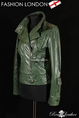 Buy ESSENCE Green Ladies Biker Style Real Lambskin Designer Short Leather Jacket • 87.11£
