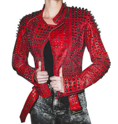 Buy Women Motorcycle Punk Heavy Metal Spiked Tonal Black Studded Red Leather Jacket • 275.49£