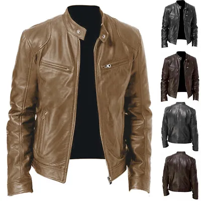 Buy Men Slim Fit Zipper Design PU Leather Jacket Coat Cardigan Zip Solid Overcoat UK • 28.79£
