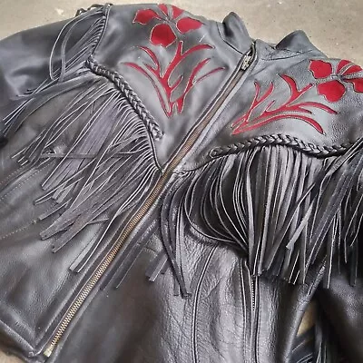 Buy Vintage Women’s Fringed Black Leather Biker Jacket Inset Red Suede Roses - Small • 96.51£