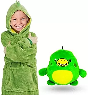 Buy Kids Boys Girls Oversized Hoodie Blanket Fleece Sweatshirt & Dinosaur Toy, Green • 11.95£