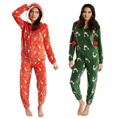 Buy Christmas 1Onsie Ladies Pyjamas All In One Fleece Jumpsuit Size 16-18 • 9.99£