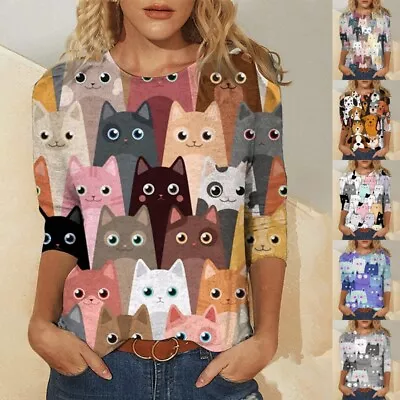 Buy Womens Long Sleeve Cat Print Tops T Shirt Ladies  Casual Loose Crew Neck Blouse • 11.13£