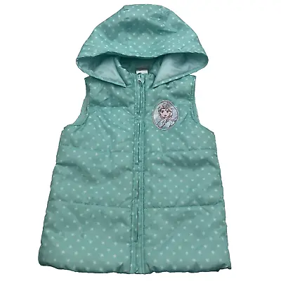 Buy FROZEN II Disney Elza Puffer Hooded Sz 7 Vest Green White Snowflakes Girls Kids • 5.60£