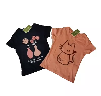 Buy Girls T Shirts X2 100% Cotton Cat Flowers Pink Navy Blue  *Twin Pack* • 5.99£