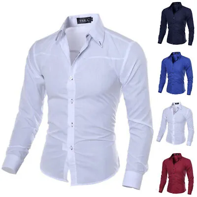 Buy Men Solid Long Sleeve Slim Fit Shirts Business Casual Buttons Down Blouse Tops • 11.03£