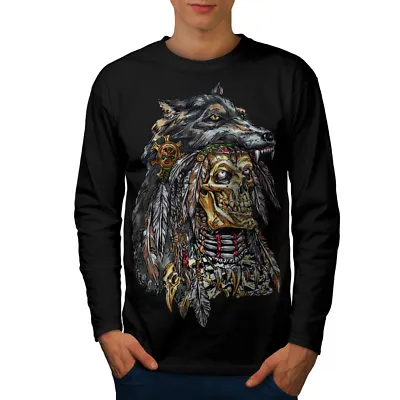 Buy Wellcoda Wolf Metal Death Skull Mens Long Sleeve T-shirt, Skull Graphic Design • 17.99£
