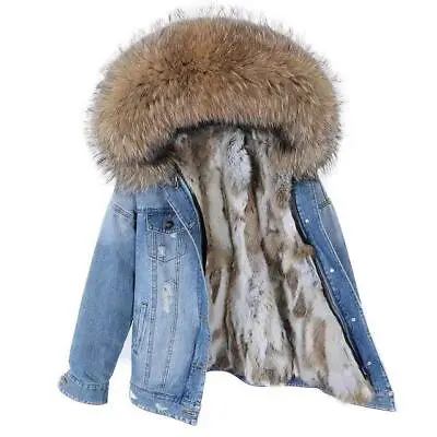 Buy Women Winter Denim Jacket Real Natural Raccoon Rabbit Fur Hood Coat Luxury Cloth • 234.67£