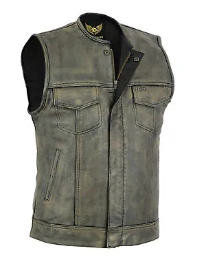 Buy Men's SOA Vintage Distressed Brown MC Club Biker Leather Collarless Waistcoat • 54.96£