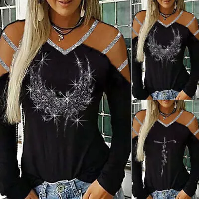 Buy Womens Gothic Rhinestone Tops Bling Glitter V Neck Long Sleeve T-Shirt Blouse • 3.29£
