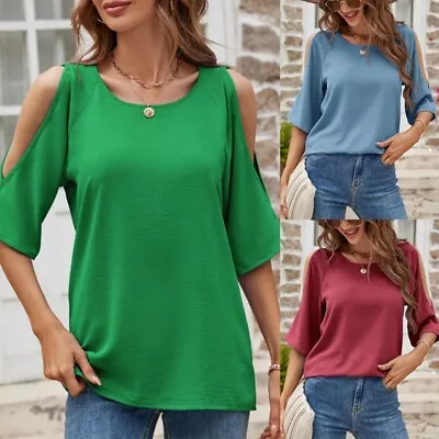 Buy Women Half Raglan Sleeve T-Shirt Casual Loose Solid Color Cold Shoulder Top • 12.73£