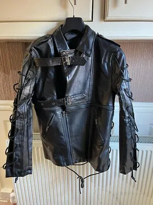 Buy Unisex Black Leather Look  Biker Goth Jacket With Zips Buckles And Laces/strings • 18£