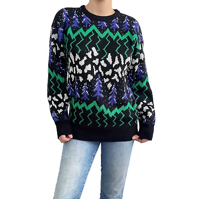 Buy Vintage Wool Blend Christmas Tree Pullover Sweater Sz M Black White Green Purple • 38.91£