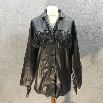 Buy In The Style Black Jacket Faux Leather Tassle Cowboy Button Up Y2k Uk 10 • 16.49£