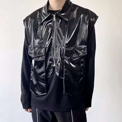 Buy Leather Men Faux Black Vest Tops Waistcoat Jacket Sleeveless Coat Gilet • 55.19£