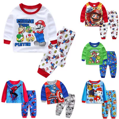 Buy Boys Girls Kids Cartoon Super Mario Pyjamas Long Sleeve Pjs T-Shirt Shorts Set • 6.64£