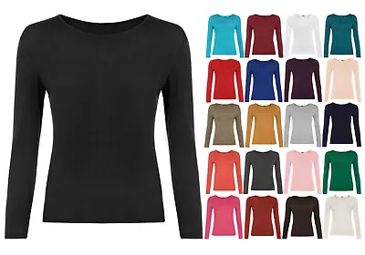Buy Womens Ladies Long Sleeve Stretch Plain Scoop Neck T Shirt Top Assorted 8-20 • 6.29£