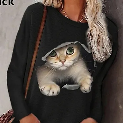 Buy Ladies 3D Cat Funny Printed Long Sleeve T-shirt Top Casual Pullover Blouse Shirt • 6.99£