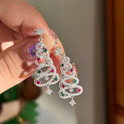 Buy Women's Crystal Christmas Tree 925 Silver Stud Earrings Drop Dange Jewelry Xmas • 1.95£