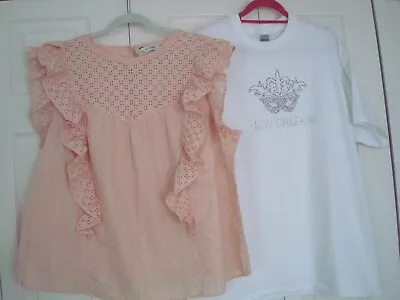 Buy ~ 2 X PRISTINE TOPS ~ White Diamante NEW ORLEANS + Broidery Anglaise Frilly 22 • 8£