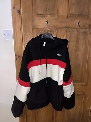 Buy Men’s Black And Red Striped Fluffy Hoodie • 15£