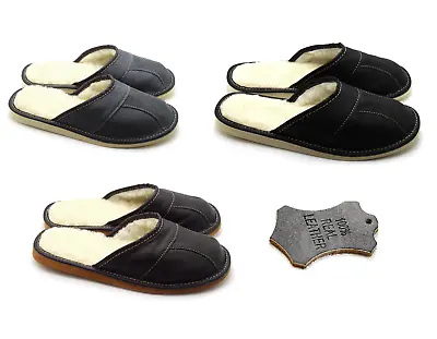 Buy Mens Warm Genuine 100% Leather Slippers Size 6-12 Slip On Mules Black-grey-brown • 11.99£