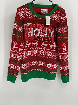 Buy Holly Jolly Holiday Ugly Christmas Sweater Women’s Size Small Red Green Sequins • 27.99£